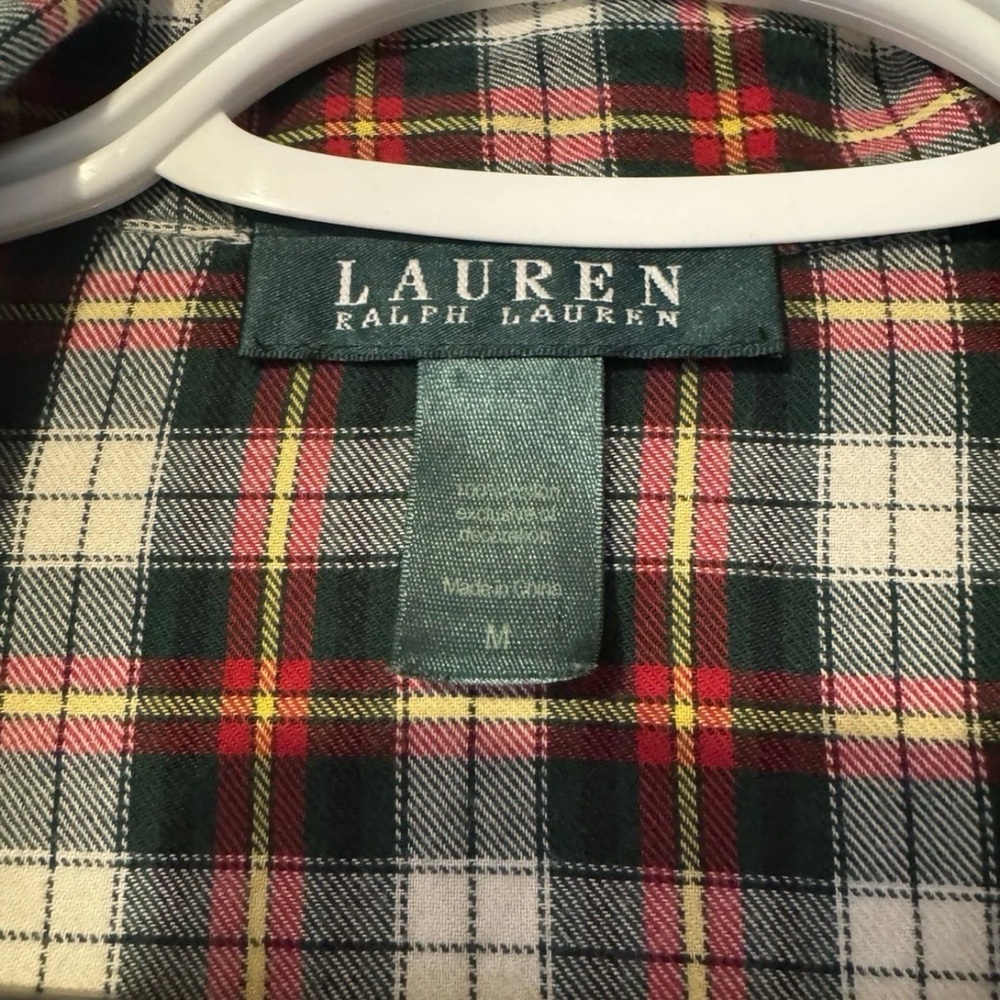 Lauren Ralph Lauren Flannel Plaid Pajama Top Button Embroidered Green Red M